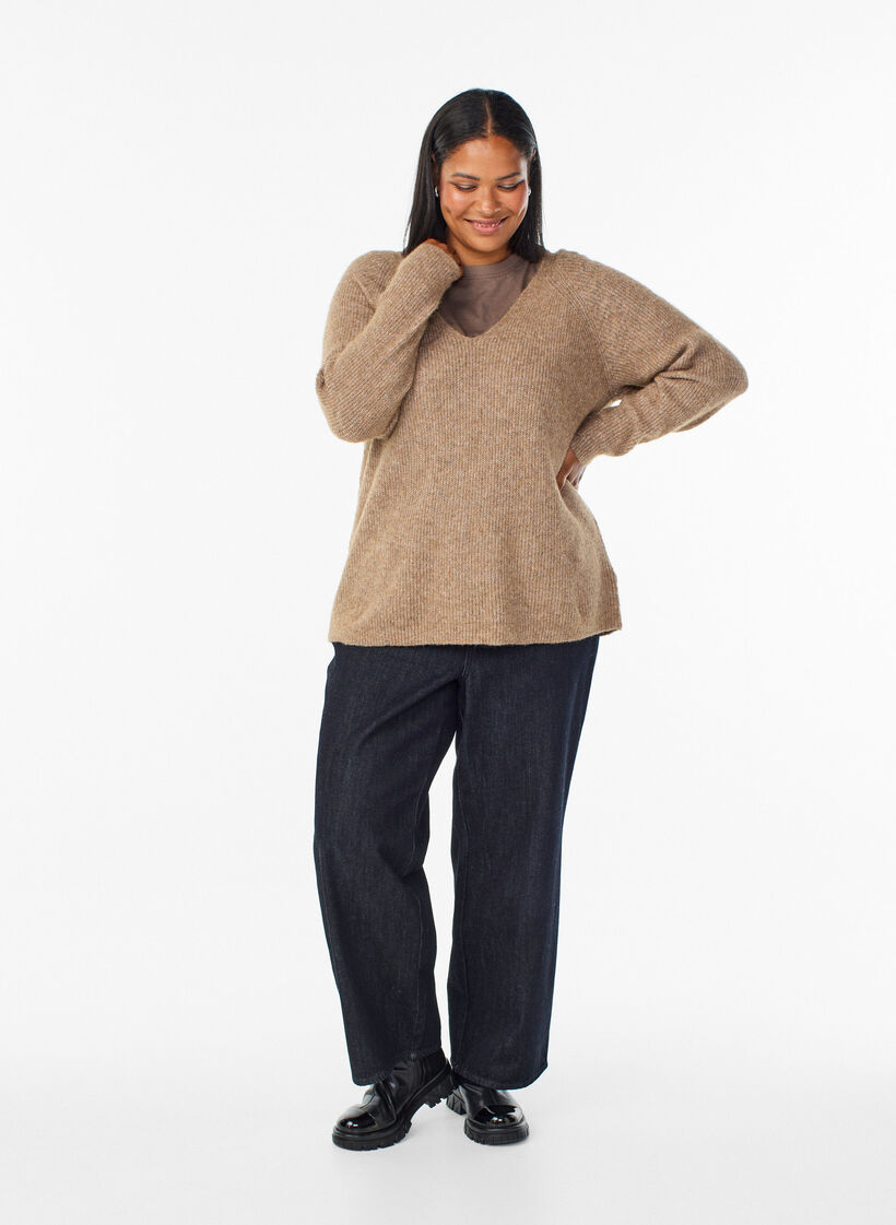  Dzianinowa bluzka z dekoltem w szpic i raglanowymi rekawami, Brązowy, Model image number 1