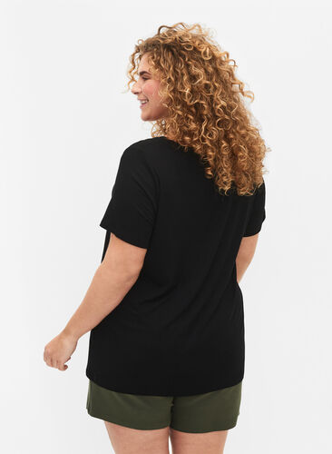 Prazkowany t-shirt z wiskozy z dekoltem w szpic, Black, Model image number 1