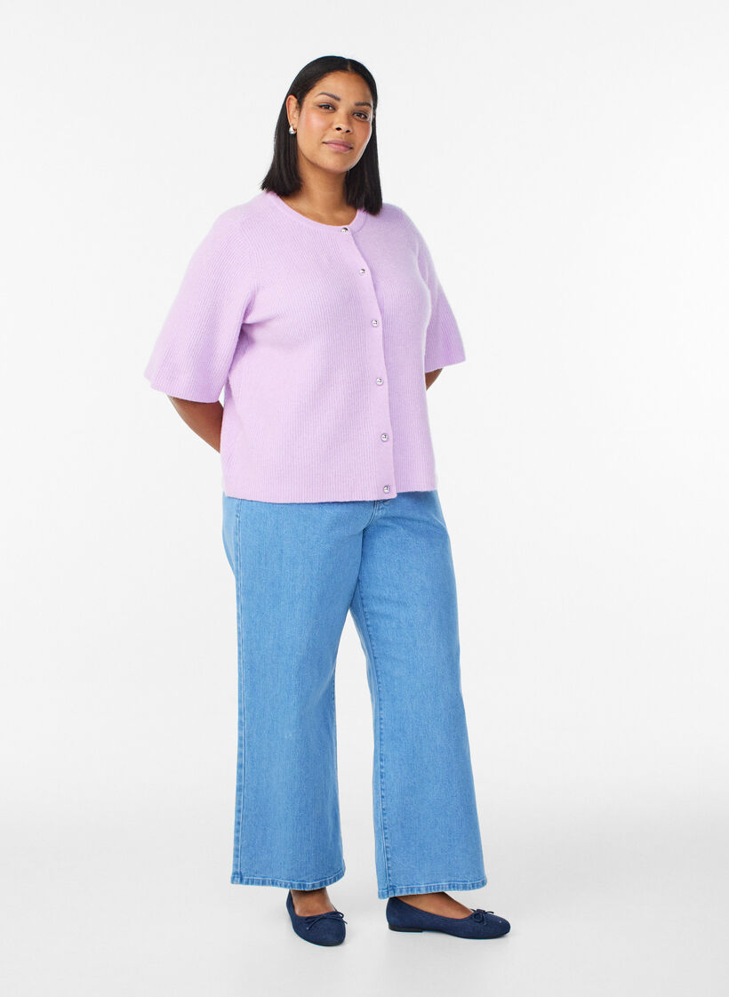 Kardigan z kr&oacute;tkim rekawem z blyszczacymi guziczkami, Fioletowy, Model image number 1