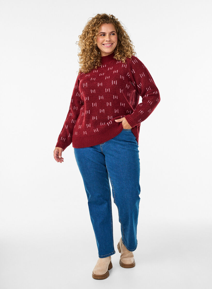 Top dzianinowy z wzorem i wysokim kolnierzem, Ciemnobordowy, Model image number 1