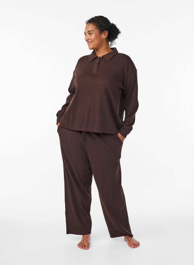 Koszula polo z dlugim rekawem z prazkowanego dzerseju, Brązowy, Model image number 1