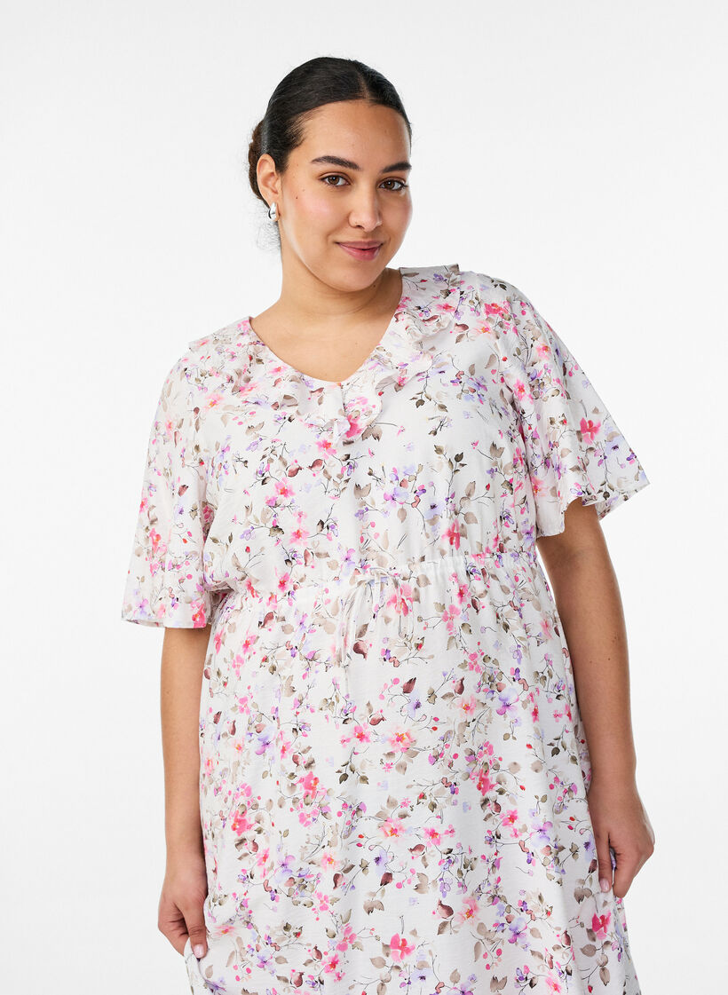 Sukienka midi z wiskozy z kwiatowym nadrukiem i kolnierzykiem z falbanka, Biały, Model image number 2