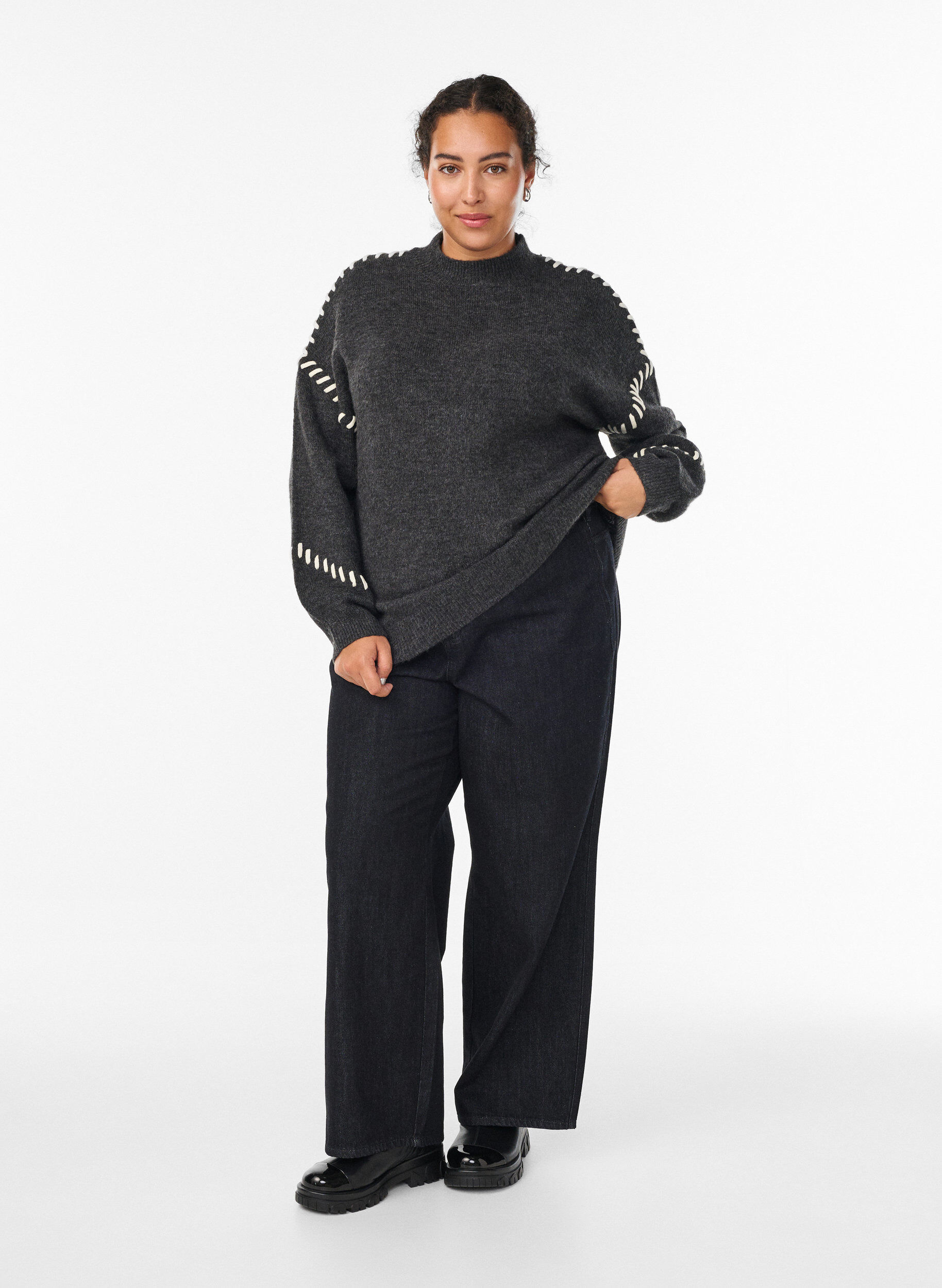 Zizzi Sweter z ozdobnymi sciegami, Ciemnoszary, Model image number 1