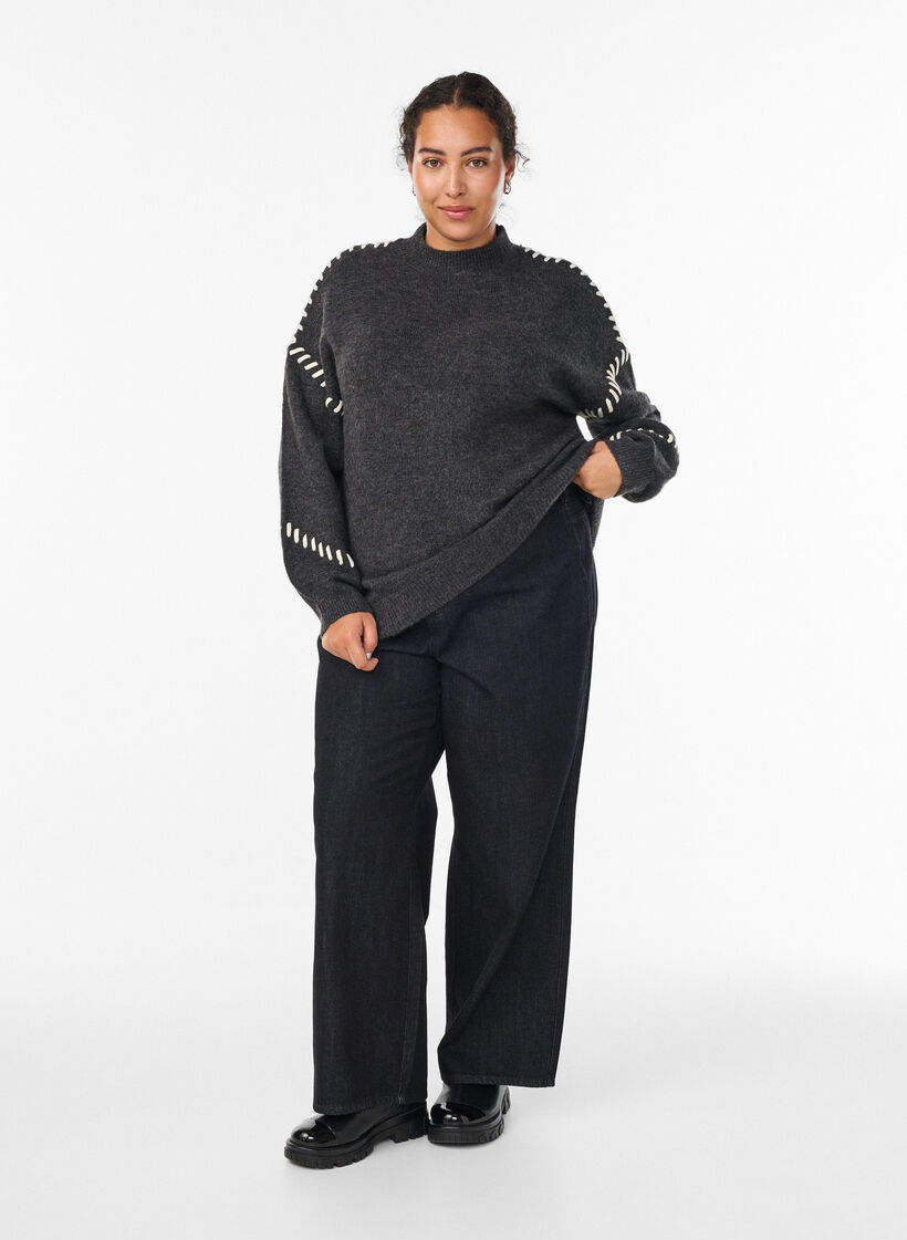 Sweter z ozdobnymi sciegami, Ciemnoszary, Model image number 1