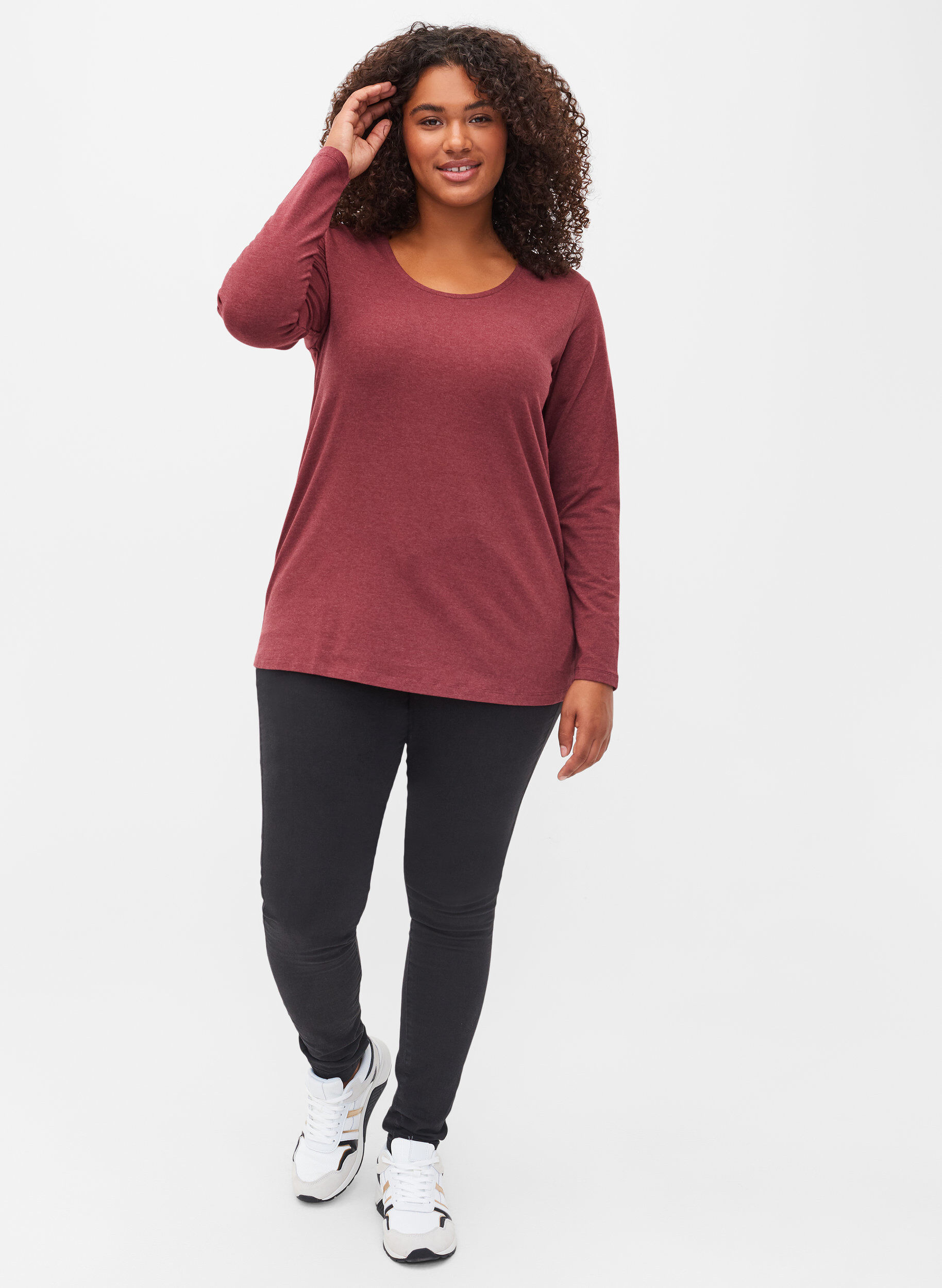 Zizzi Basic blouse with long sleeves, Cabernet Melange, Model image number 2