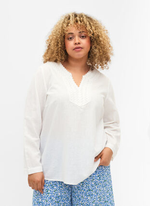 Bawelniana bluzka z szydelkowym detalem, White, Model image number 0