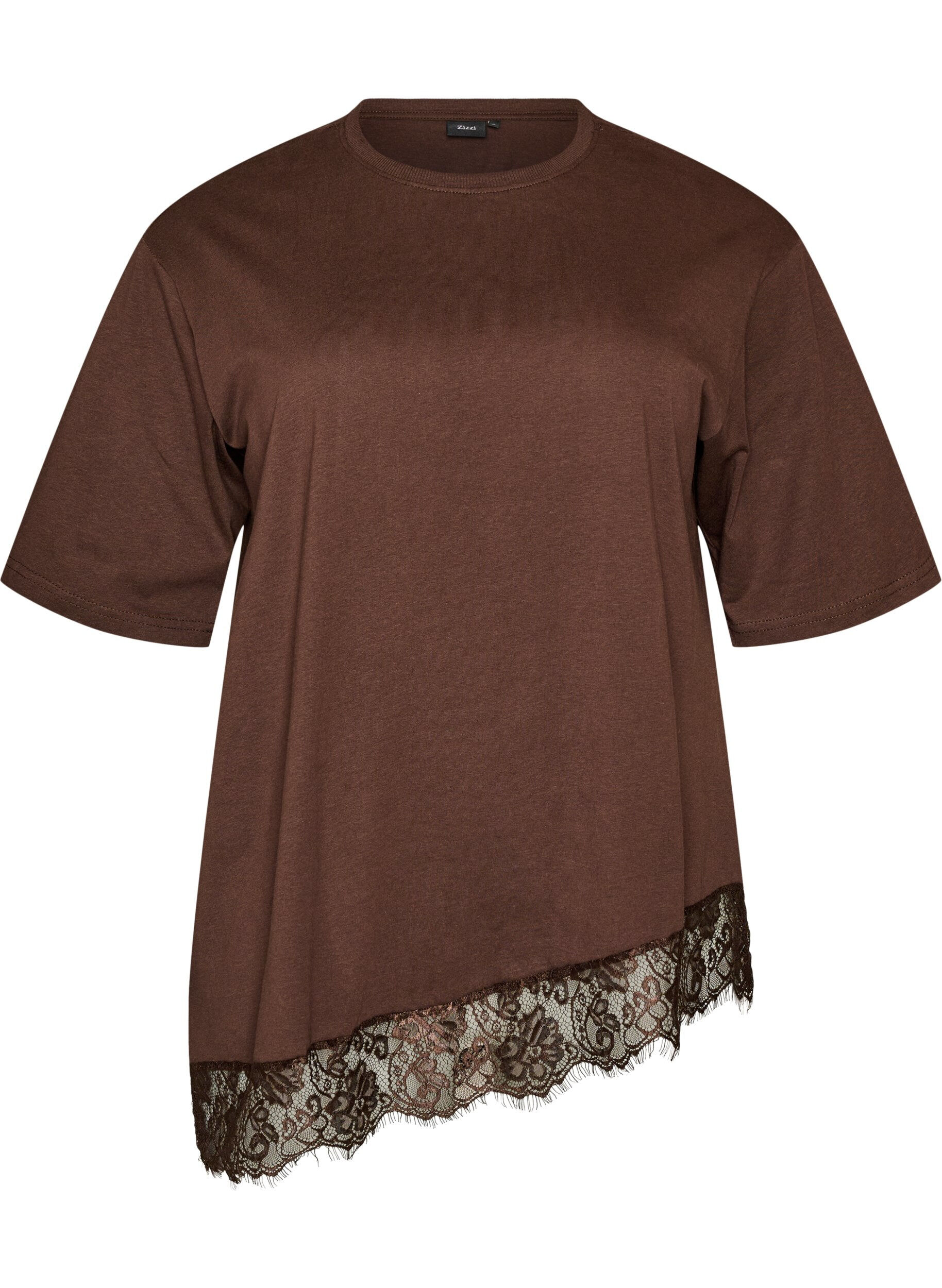 ZizziT-shirt with asymmetric lace hem, Brown, Packshot image number 0