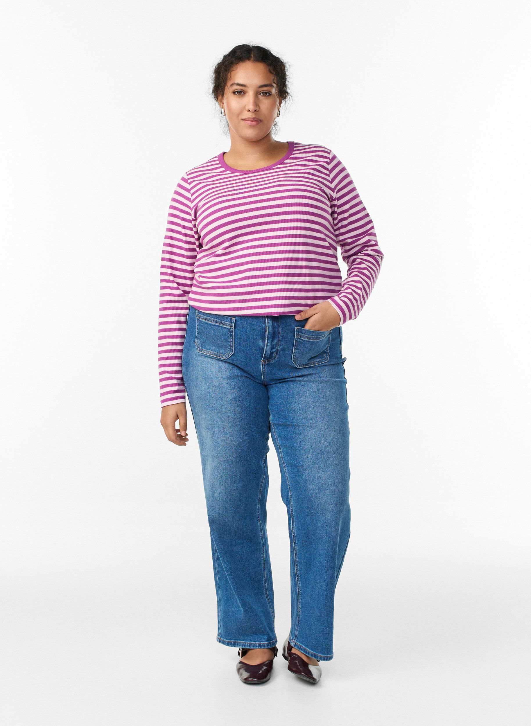 ZizziBluzka w paski z dlugim rekawem, Fioletowy, Model image number 1