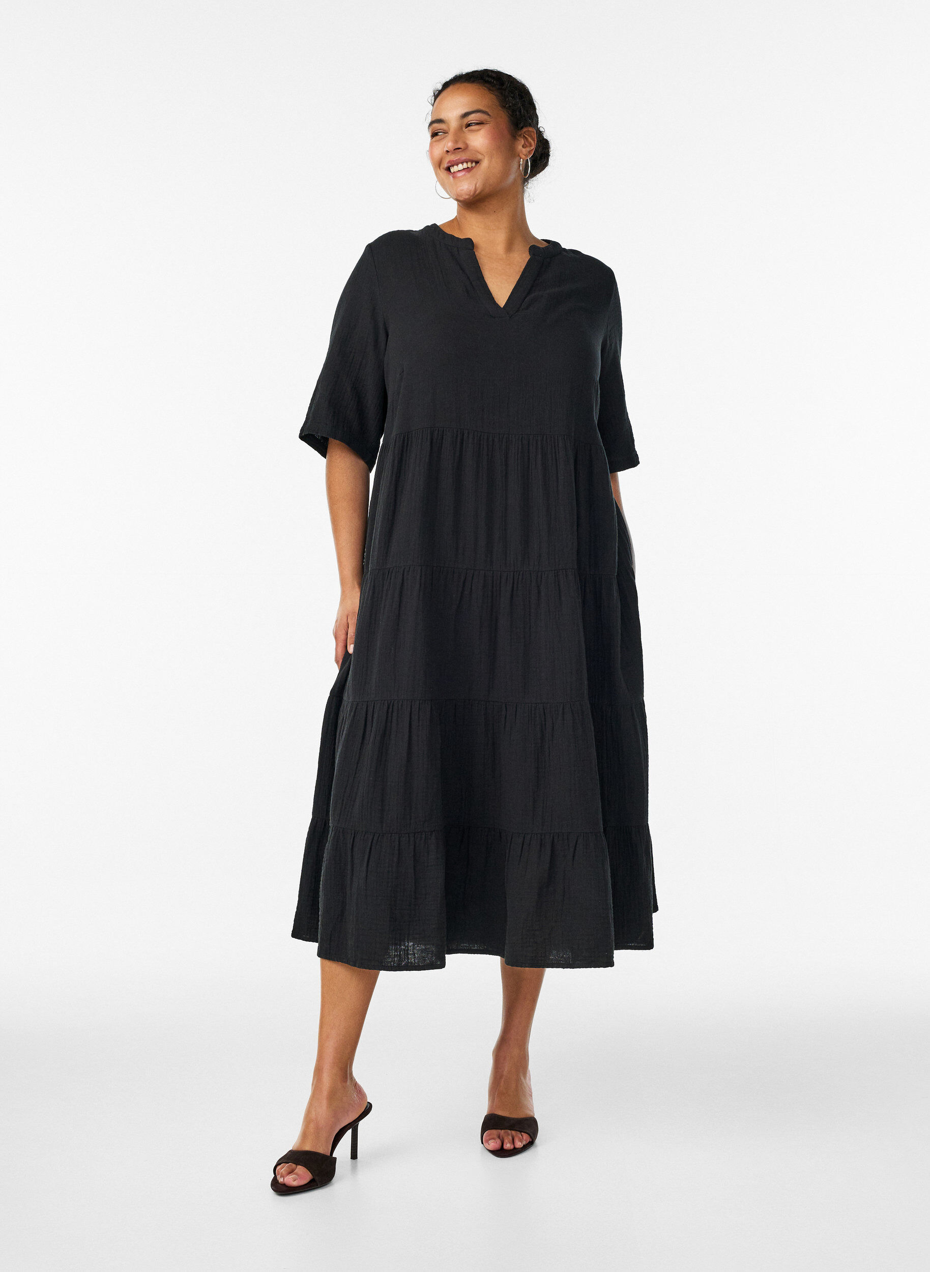 ZizziSukienka midi w kroju A z bawelnianej musliny, Czarne, Model image number 1