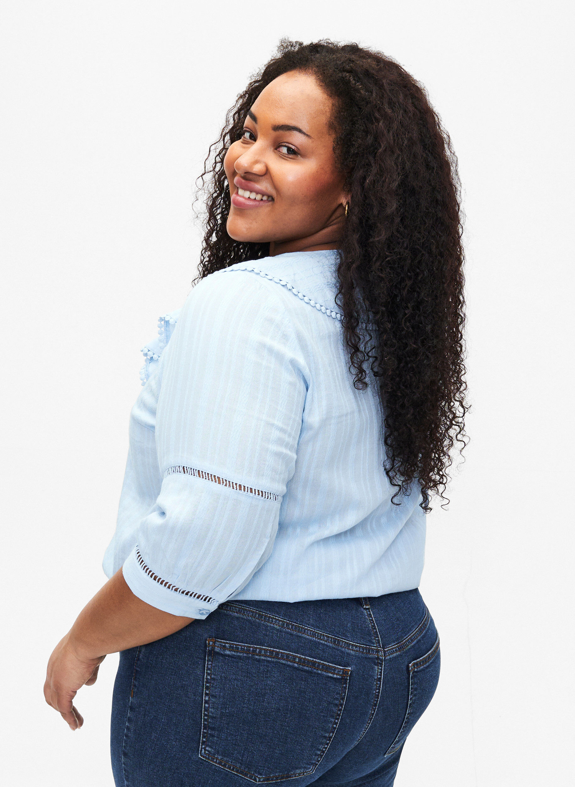 Zizzi Bluzka z rekawem 3/4 i koronka, Chambray Blue, Model image number 1