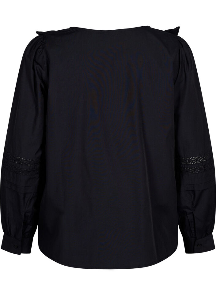 Bluzka z marszczeniami i koronkowym wykonczeniem, Czarne, Packshot image number 1