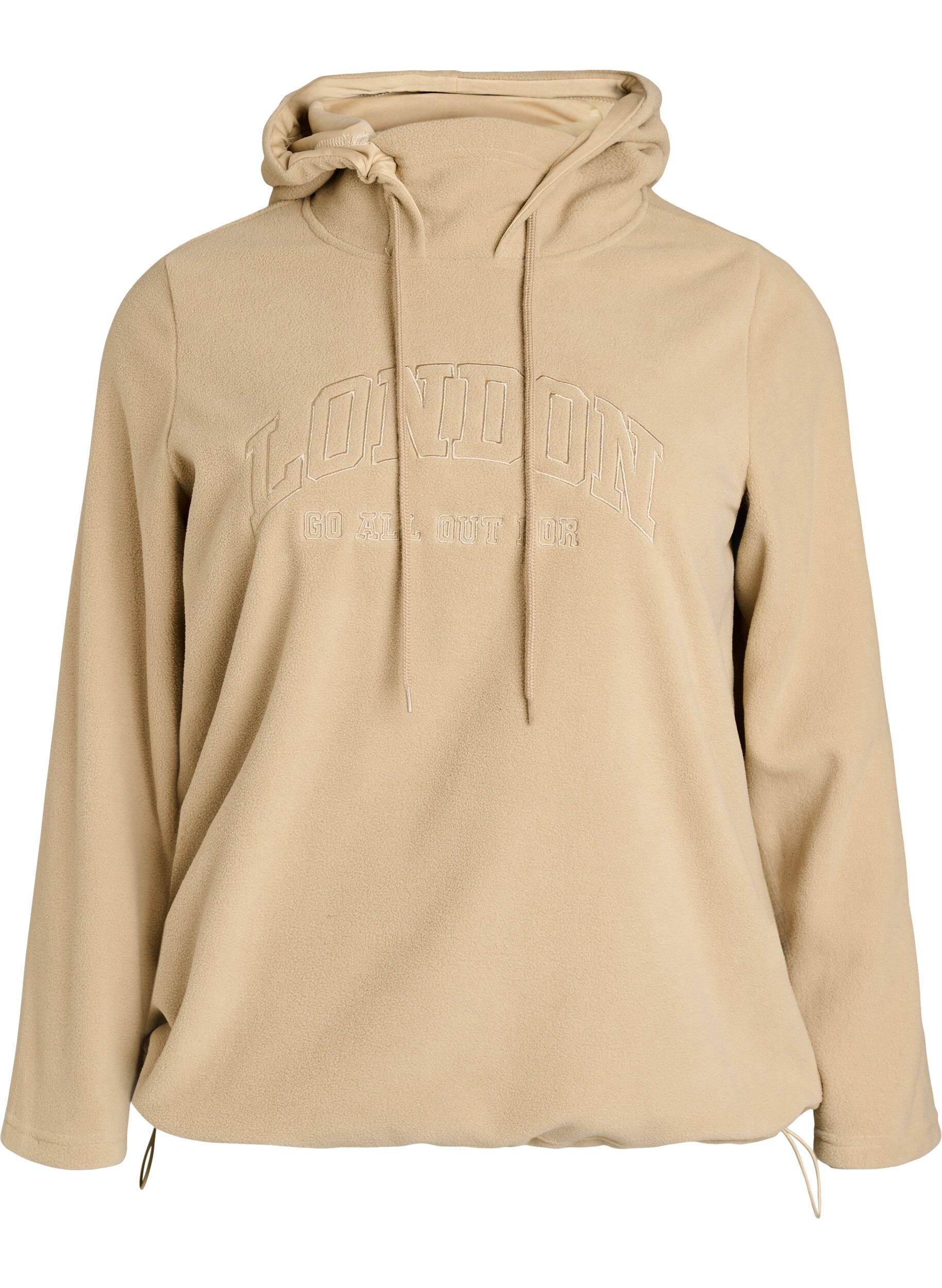 ZizziBluza z kapturem z polaru z wysokim kolnierzem i haftowanym tekstem, Beżowy, Packshot image number 0