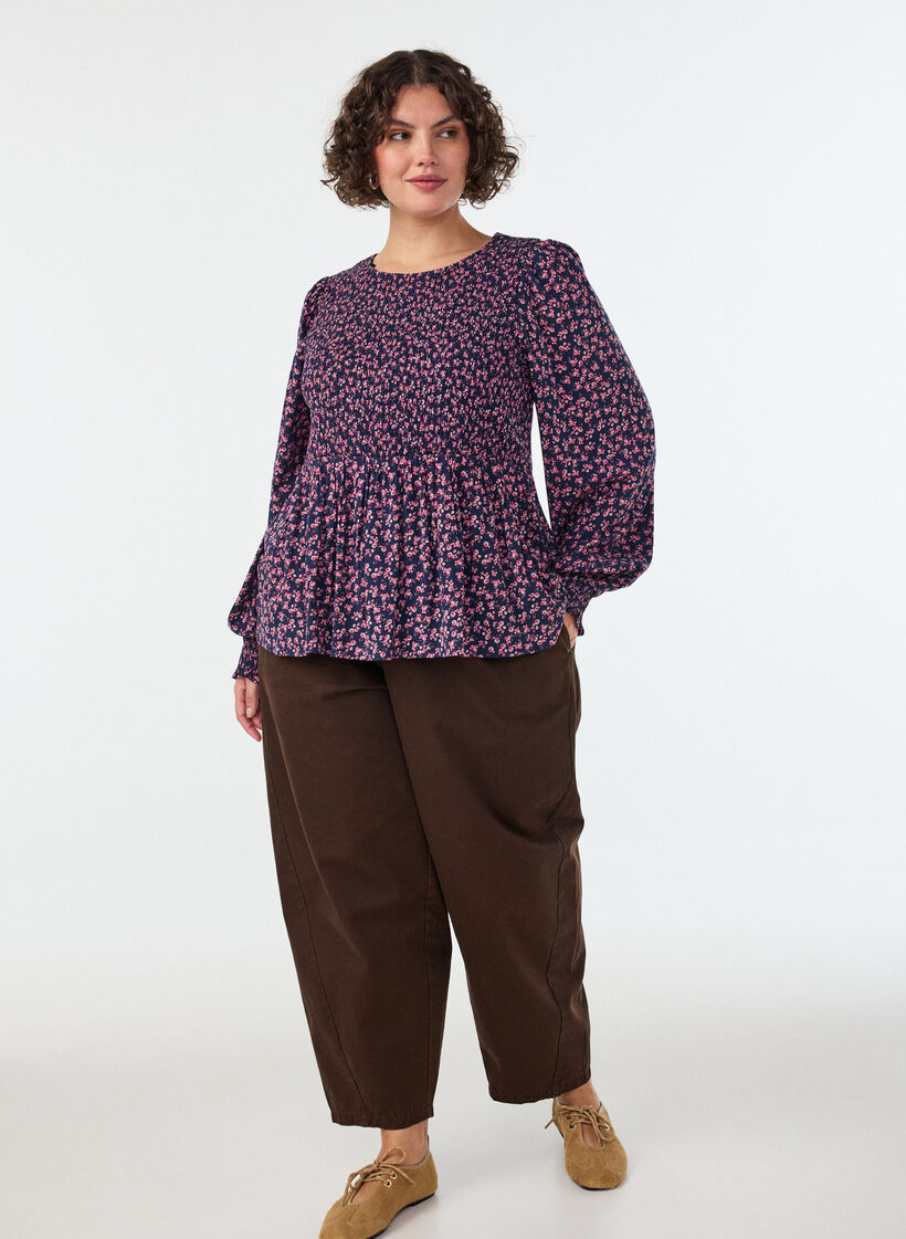 Bluzka z marszczonym stanikiem i nadrukiem kwiatowym, Niebieskie, Model image number 0