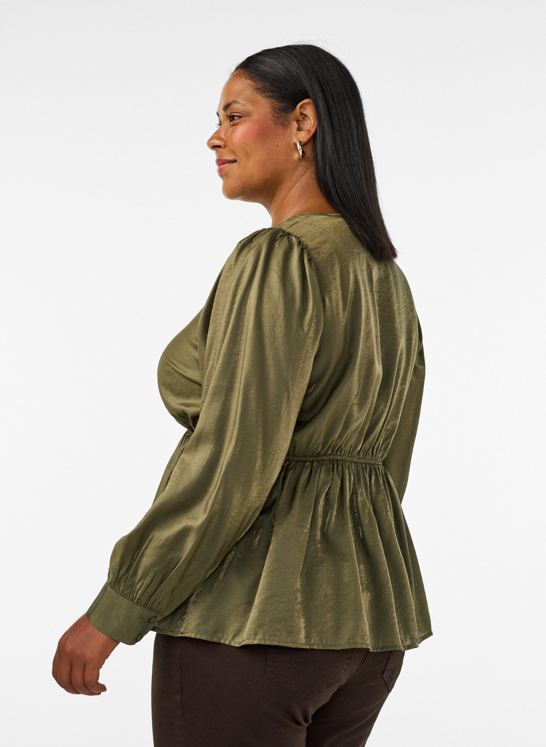 ZizziBlyszczaca bluzka z wiskozy z efektem peplum, Zielony, Model image number 2