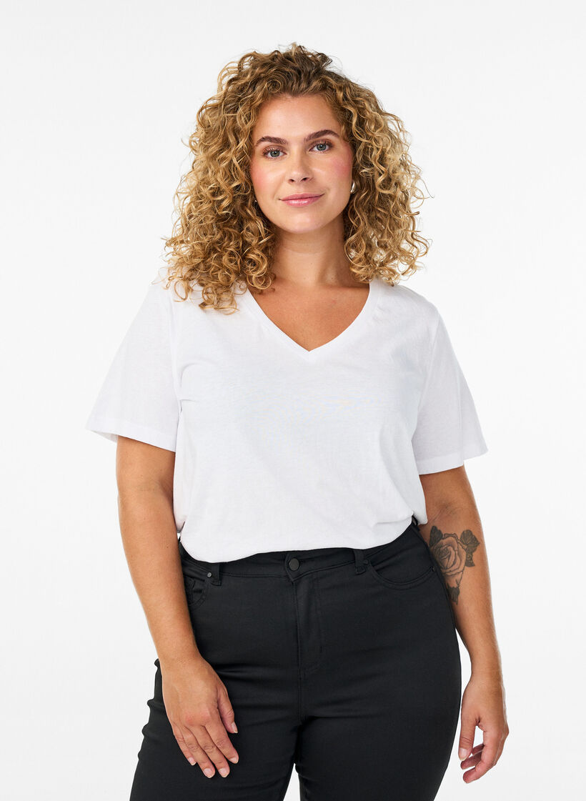 T-shirt z kr&oacute;tkim rekawem i dekoltem w szpic, Biały, Model image number 0