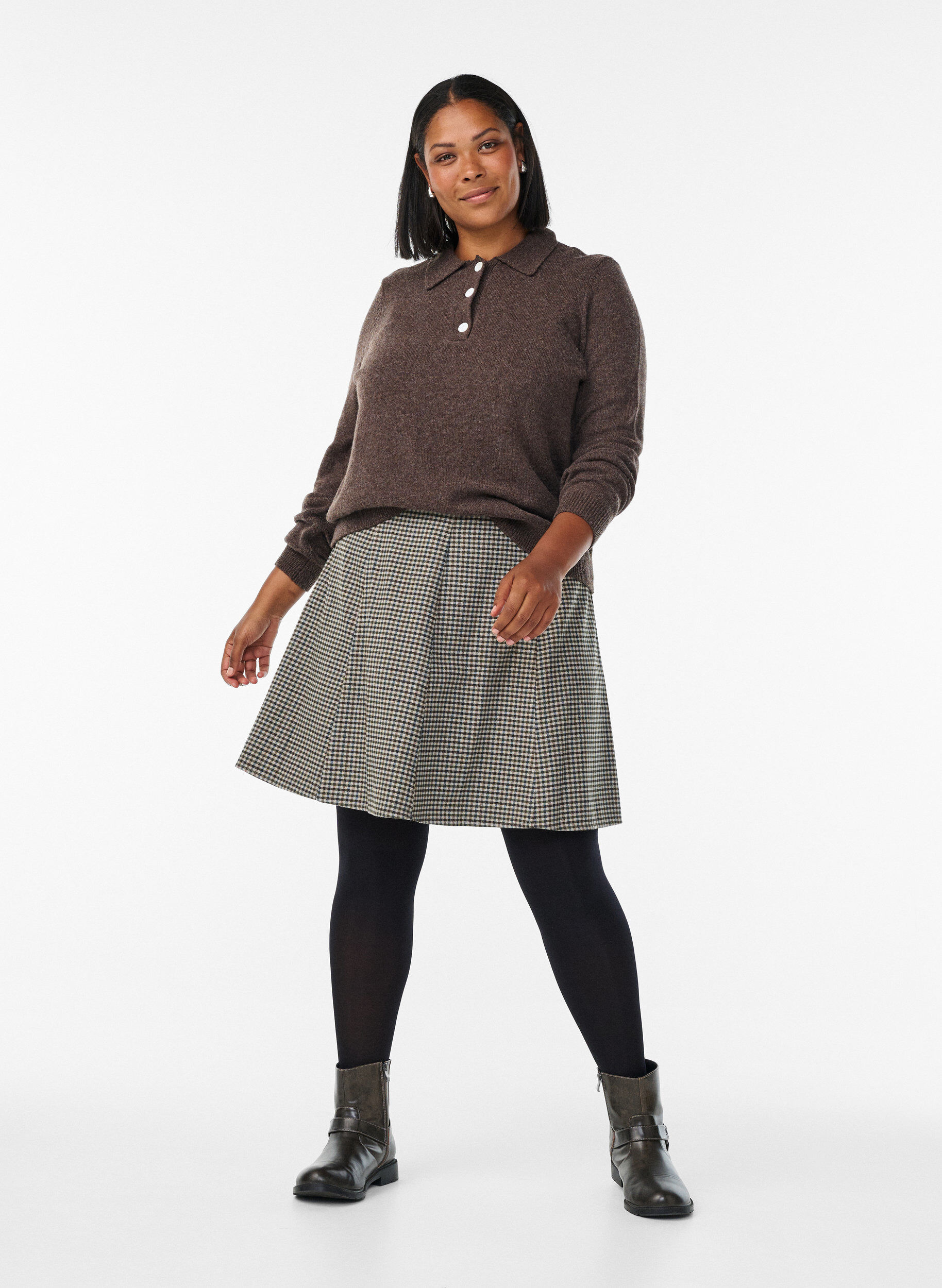 Zizzi Dzianinowa bluzka z kolnierzykiem polo, z miekkiej mieszanki welny merynos&oacute;w, Brązowy, Model image number 1