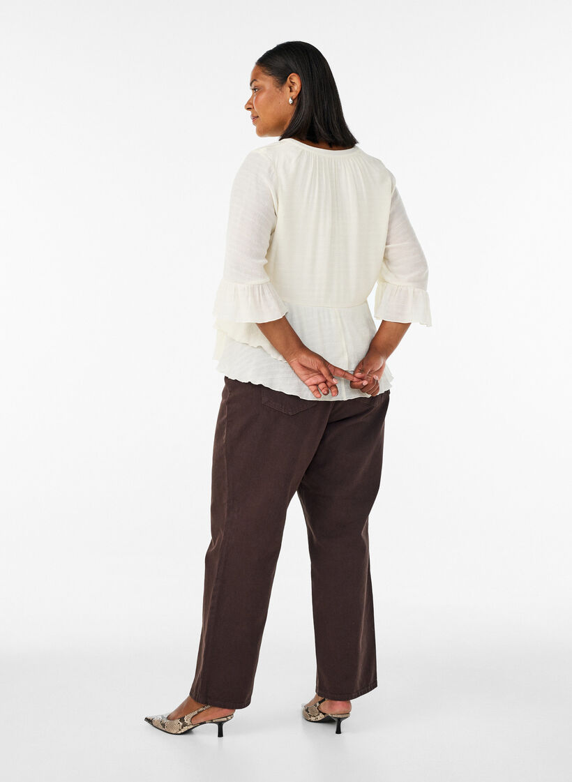 Bluzka z 3/4-sleeves i falbankami, Biały, Model image number 2