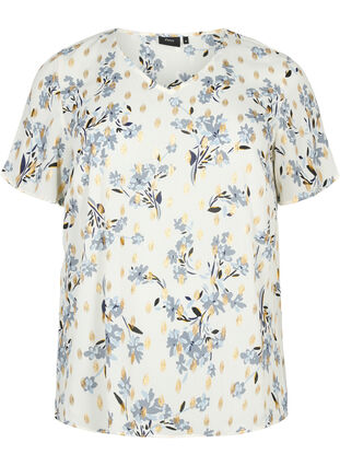 Bluzka z nadrukiem i lureksem, White Flower/Gold, Packshot image number 0