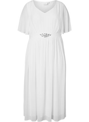 Dluga sukienka z plisami i krótkimi rekawkami, Bright White, Packshot image number 0
