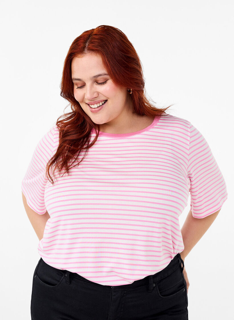 T-shirt w paski z lyocellu z okraglym dekoltem, Czerwony, Model image number 0