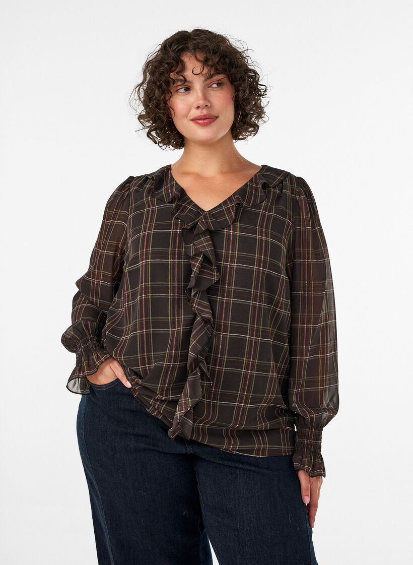 Bluzka z kratka i falbankami, Zielony, Model image number 0