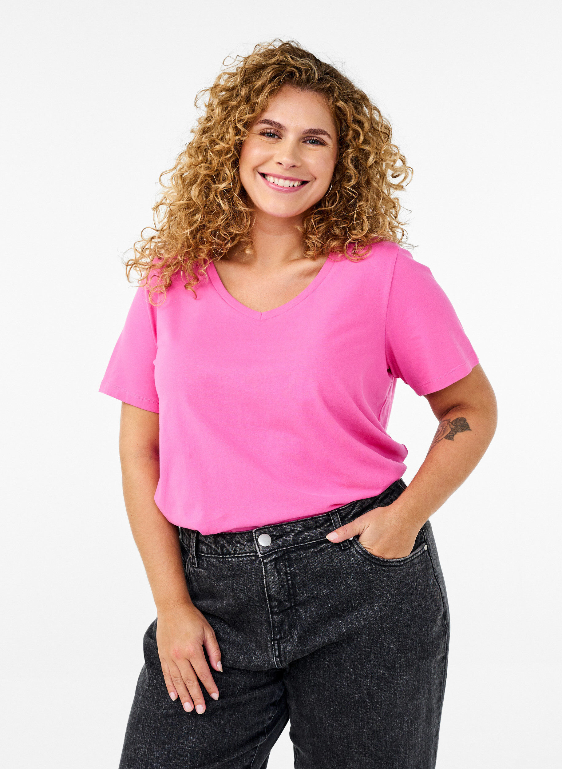 Podstawowa, gladka bawelniana koszulka, R&oacute;żowy, Model