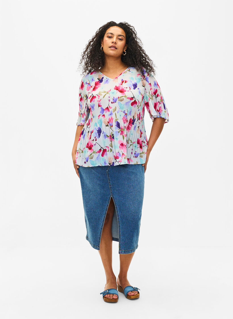 Plisowana bluzka w kwiaty, White/MultiFlowerAOP, Model image number 2