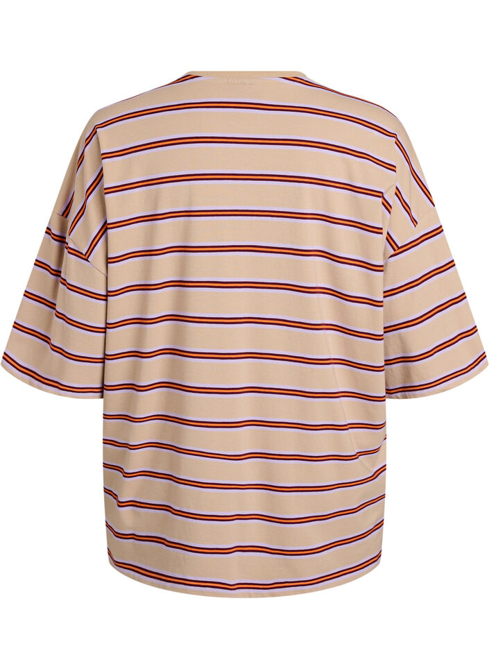 T-shirt w rozmiarze oversize z paskami i rekawami 1/2, Beżowy, Packshot image number 1