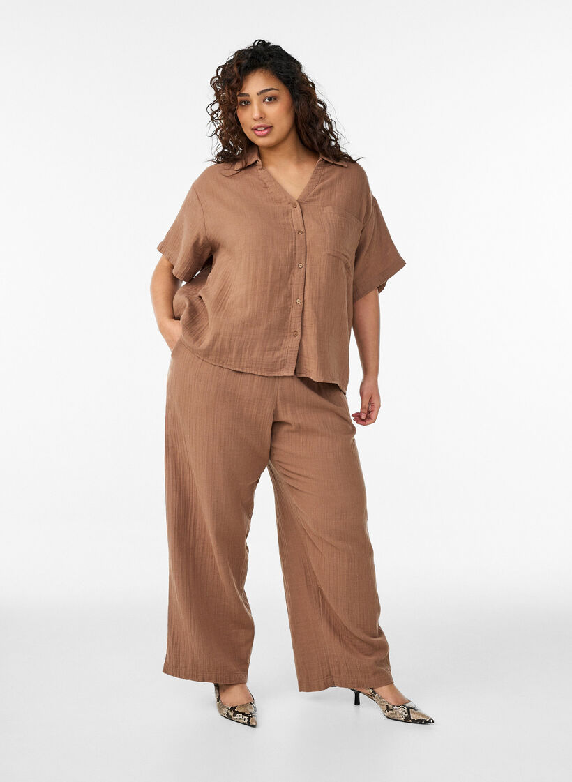 Bluzka z bawelnianej muslinowej tkaniny z kr&oacute;tkim rekawem, Brązowy, Model image number 1