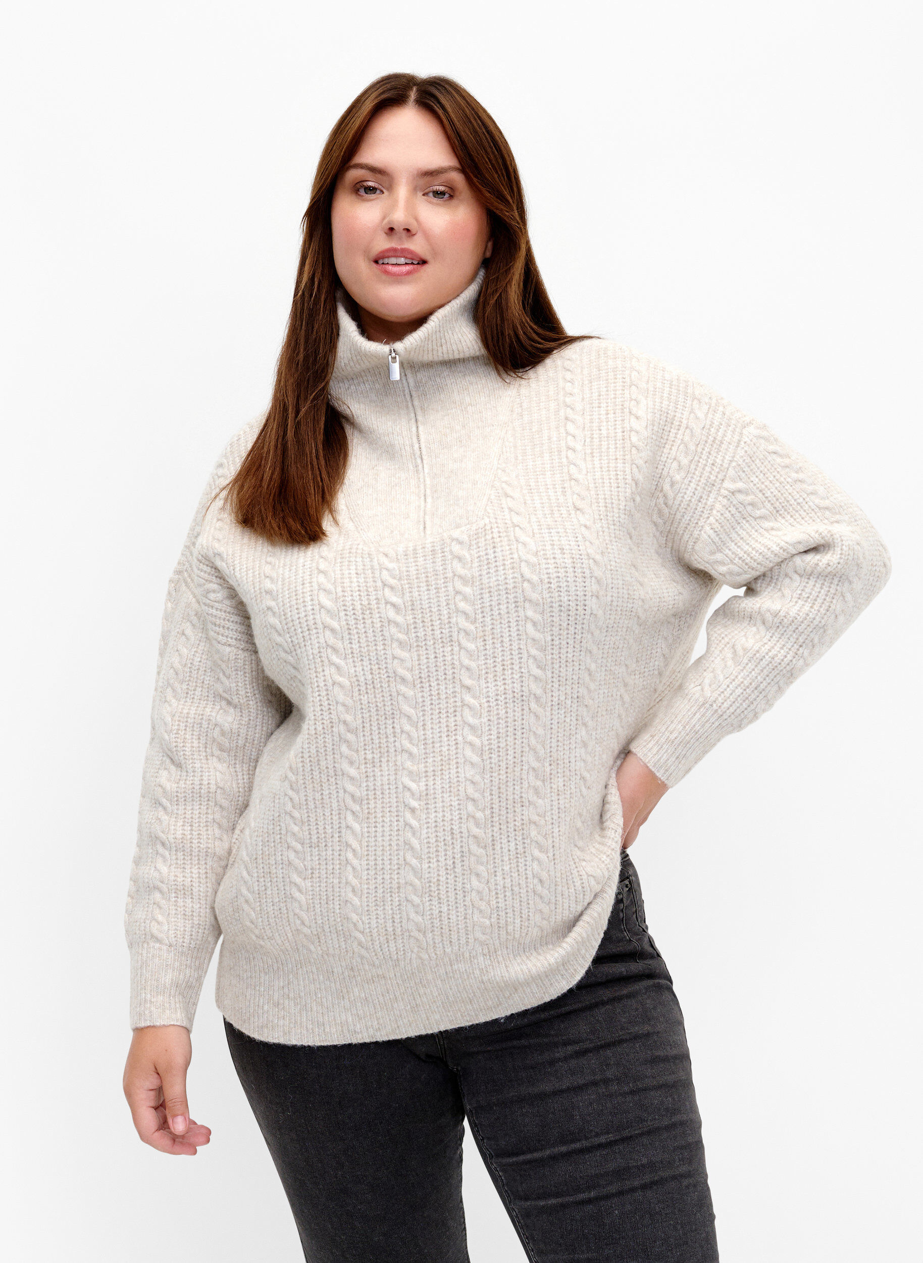 Zizzi Sweter o warkoczowym splocie, zapinany na zamek, Pumice Stone Mel., Model image number 0