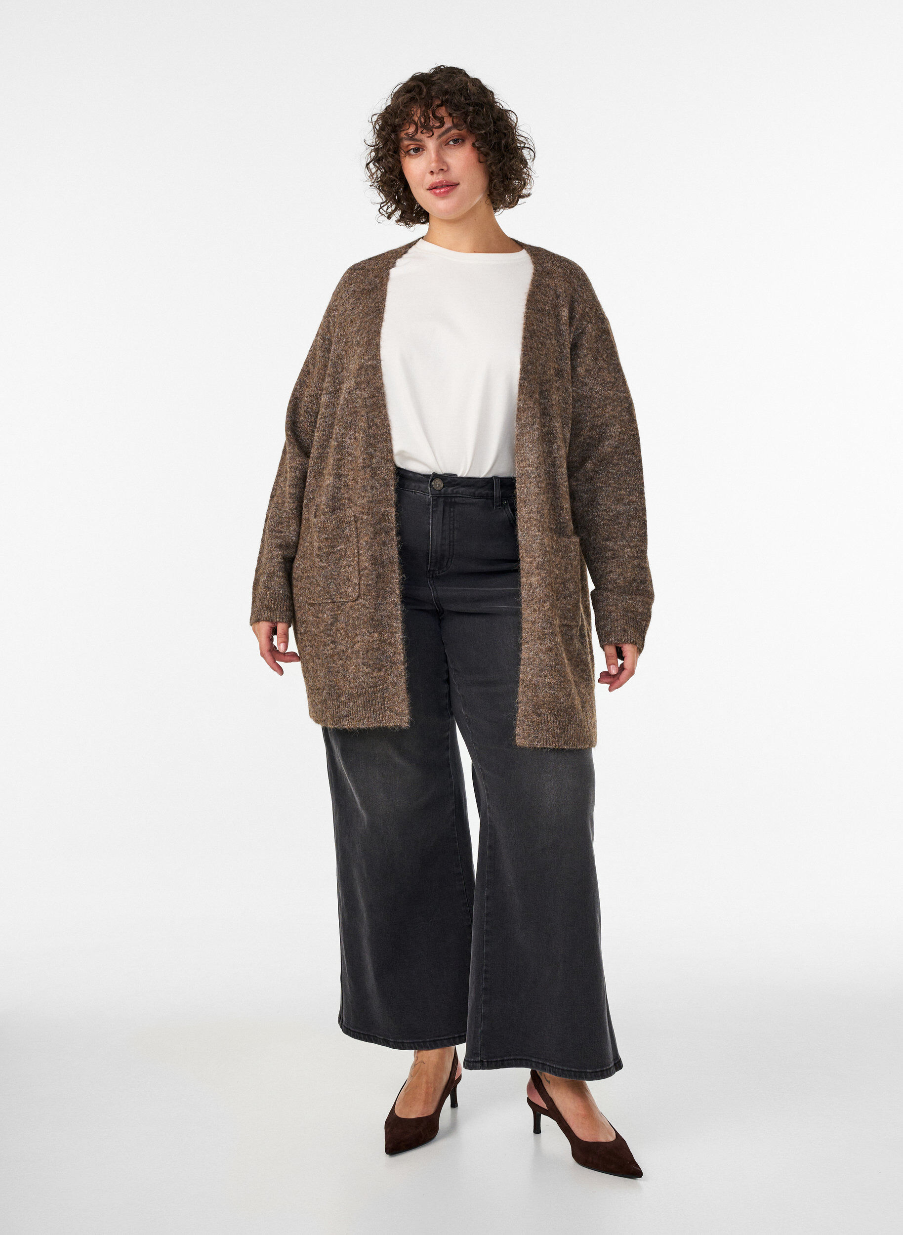 ZizziDlugi kardigan z kieszeniami, Brązowy, Model image number 1