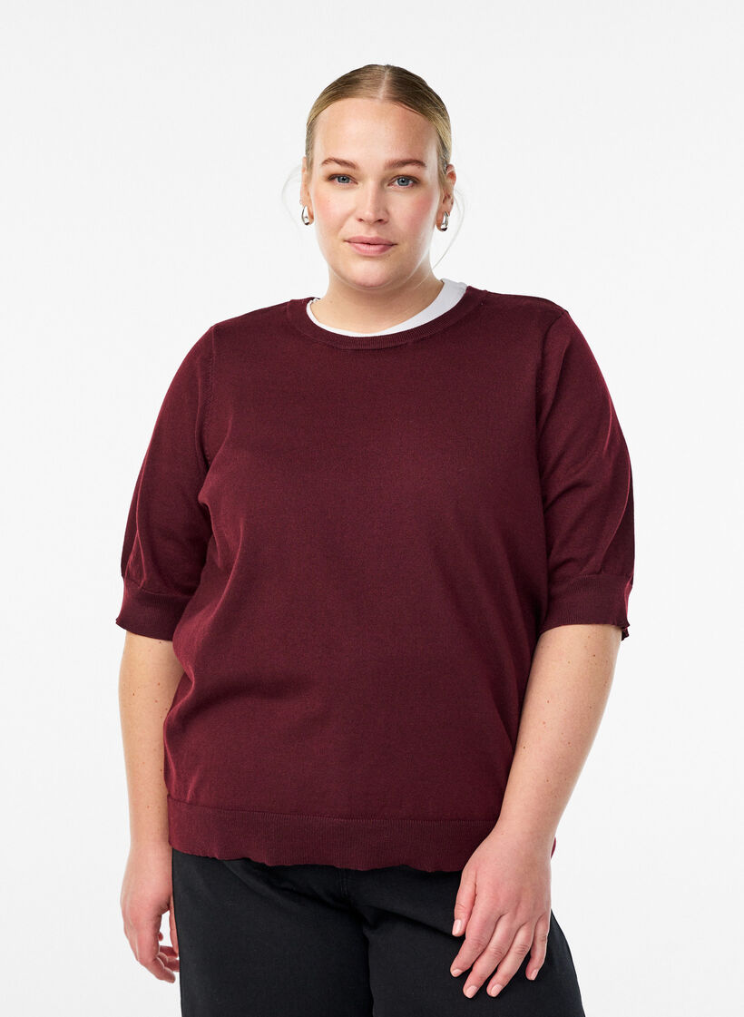 Cienko dzianinowa bluzka z kr&oacute;tkimi rekawami, Czerwony, Model image number 0