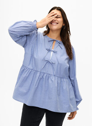 Bawelniana bluzka w paski z wiazaniem, Baja Blue Stripe, Model image number 0