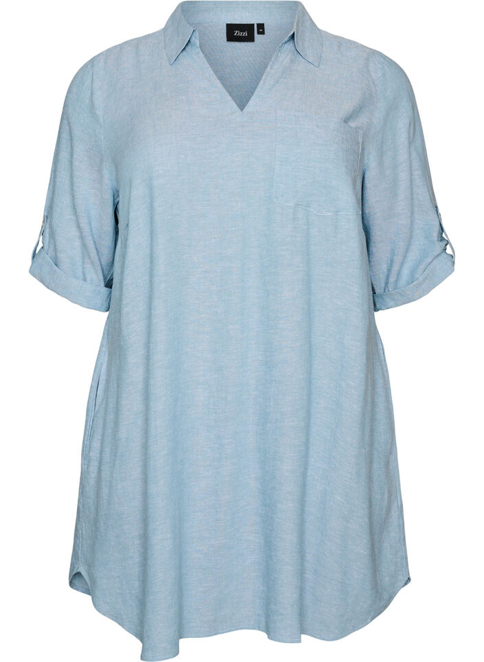 Linen and viscose tunic with A-shape, Light Blue, Packshot image number 0