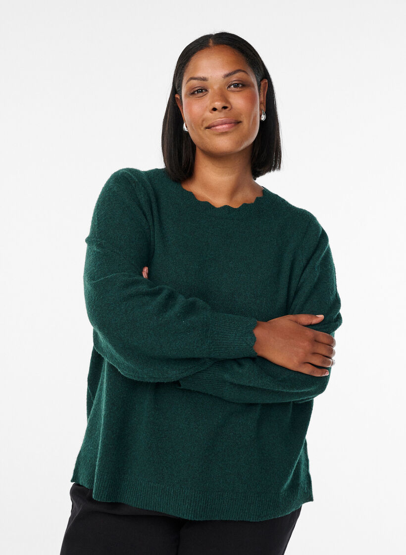 Dzianinowa bluzka z falowanymi brzegami, Zielony, Model image number 0