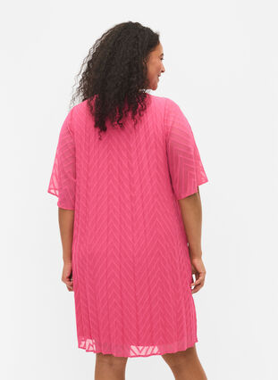 Plisowana sukienka z krótkim rekawem, Shocking Pink, Model image number 1