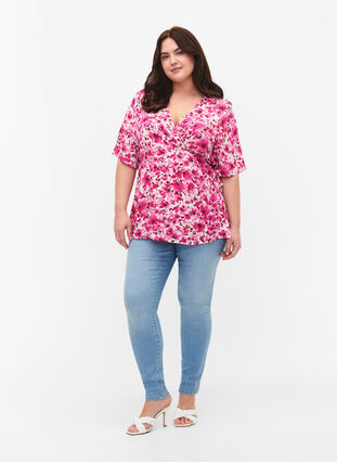 Wiskozowa bluzka w kopertowym stylu, Pink Flower Rain, Model image number 1
