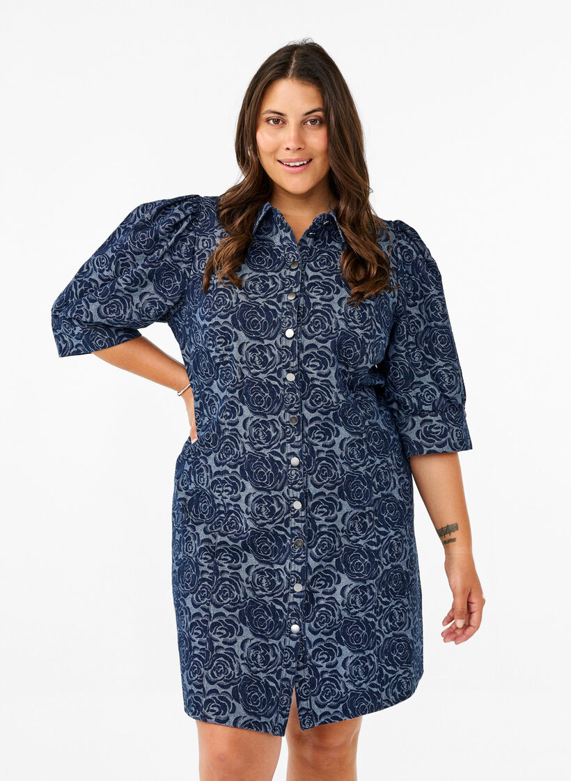 Krótka dzinsowa sukienka koszulowa w rózany wzór, Denim Rose AOP, Model image number 0