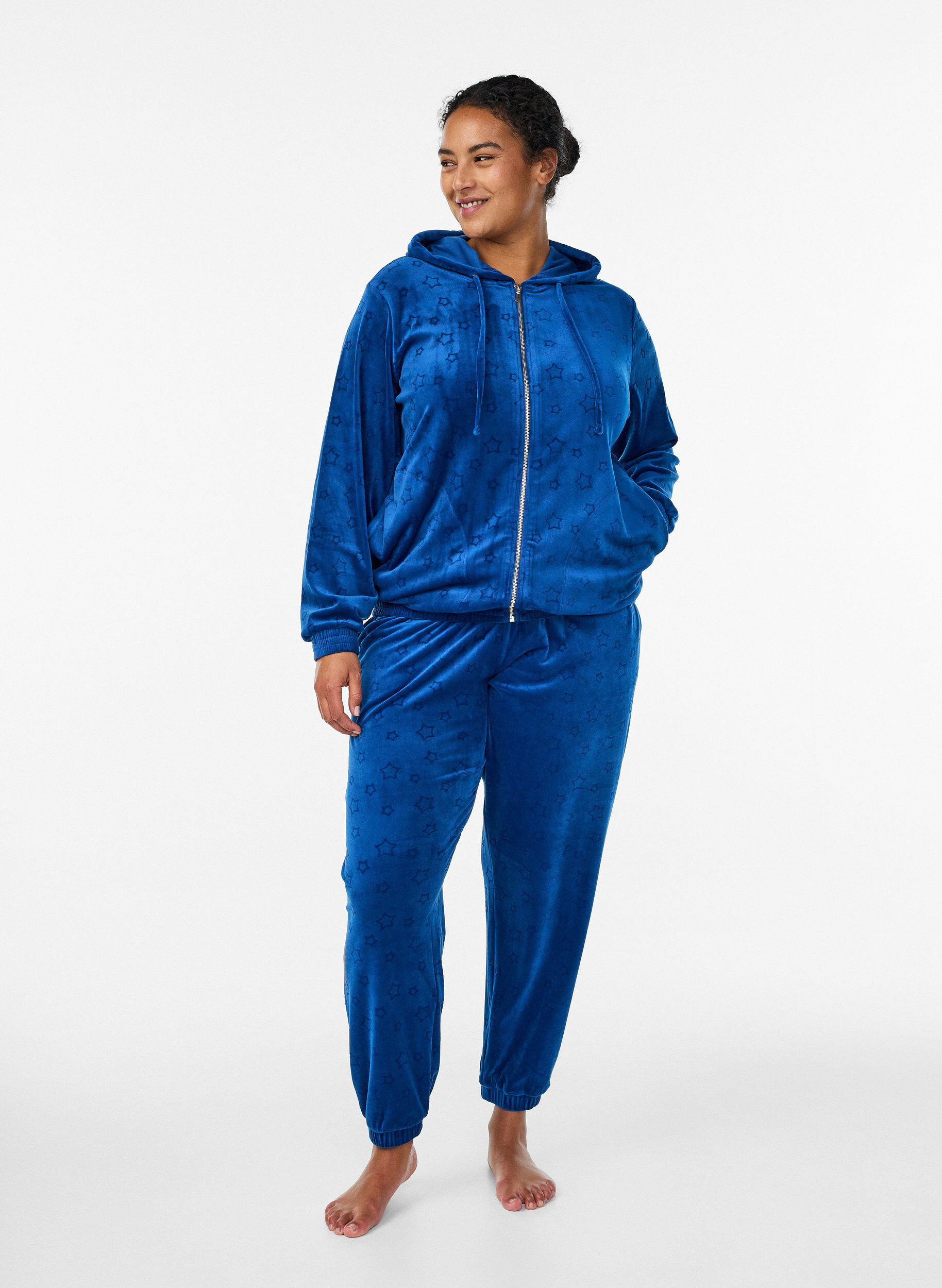 Zizzi Welur kardigan z kapturem i kieszeniami, Niebieskie, Model image number 1