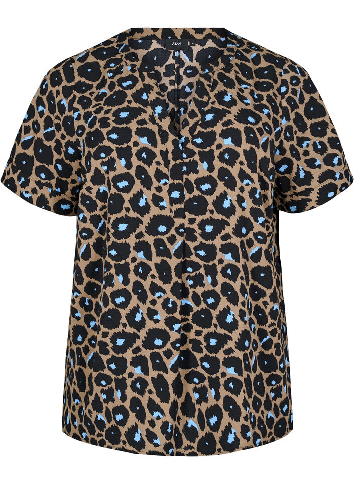 Bluzka z krótkim rekawem i dekoltem w szpic, Brązowy, Packshot image number 0