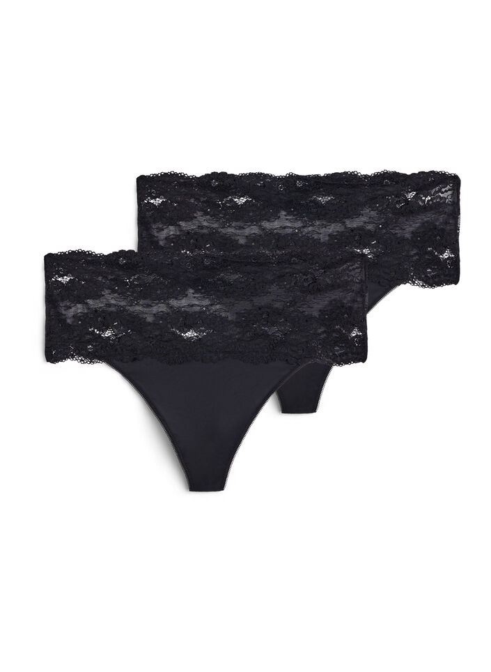 2-pack stringi z szerokim koronkowym brzegiem, Czarne, Packshot image number 0