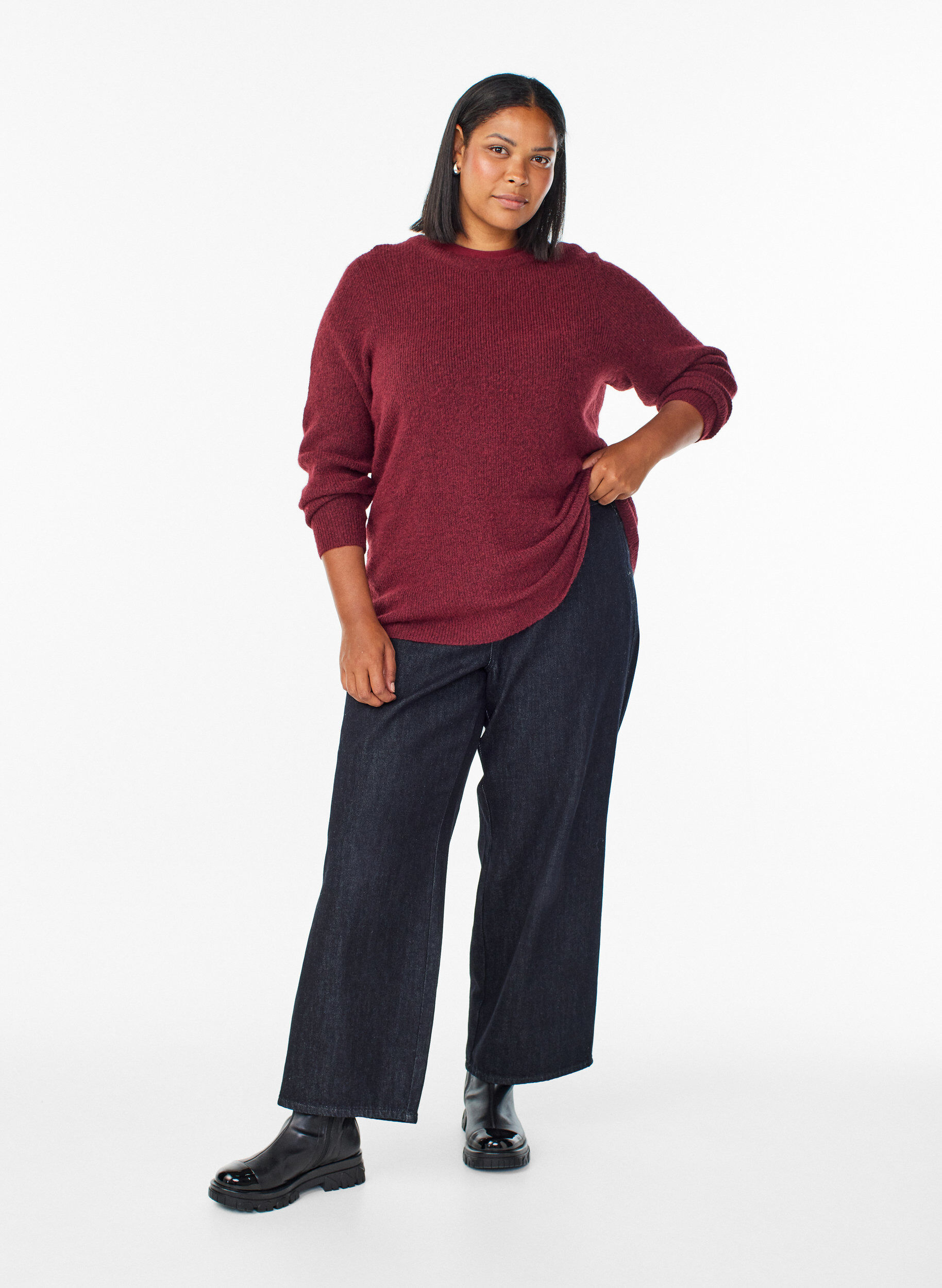 Zizzi Melanzowa dzianinowa bluzka z okraglym dekoltem, Czerwony, Model image number 1