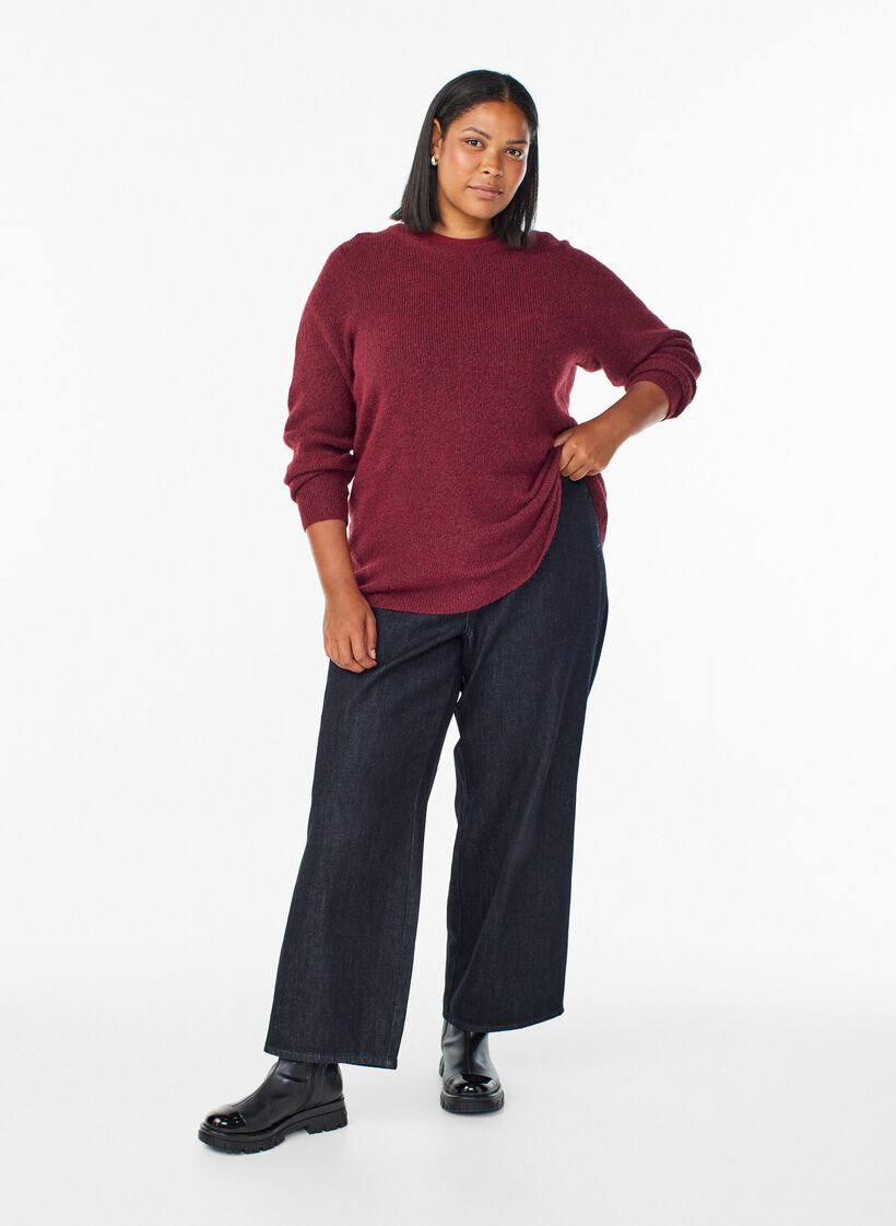 Melanzowa dzianinowa bluzka z okraglym dekoltem, Czerwony, Model image number 1