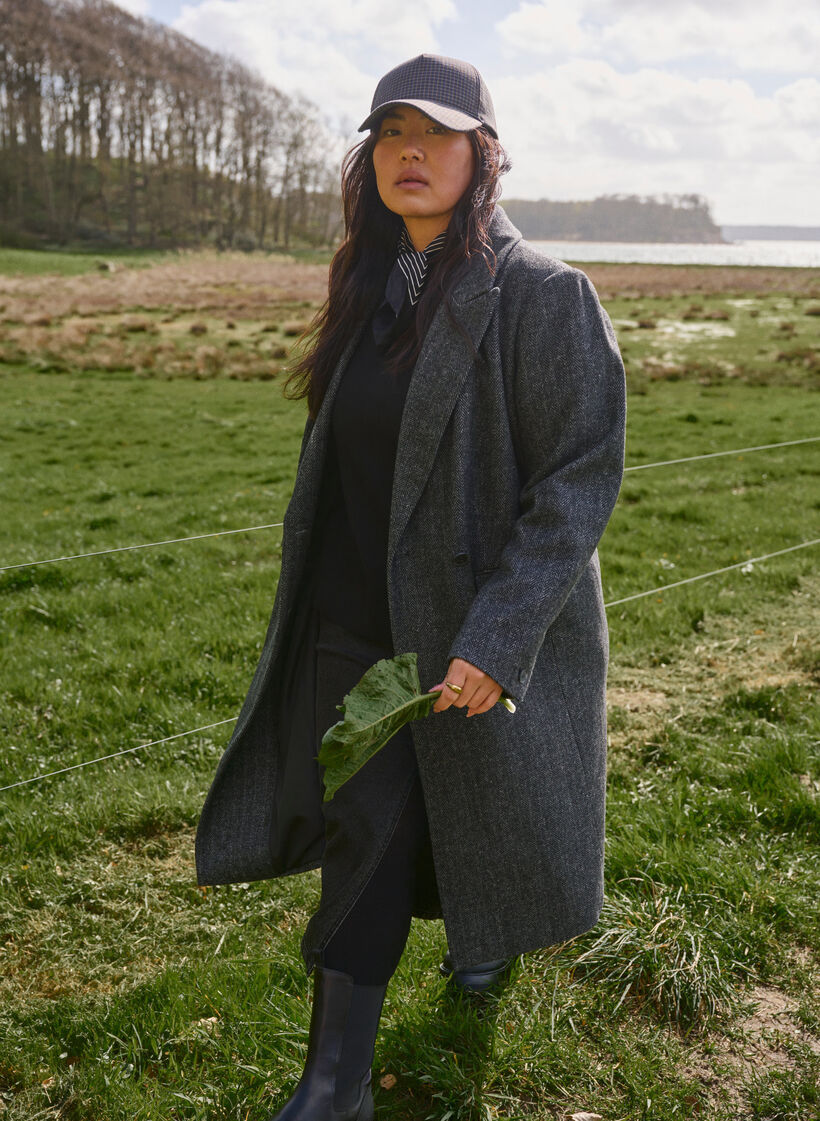 Dlugi welniany plaszcz ze wzorem w jodelke, Dark Grey Melange, Image image number 0