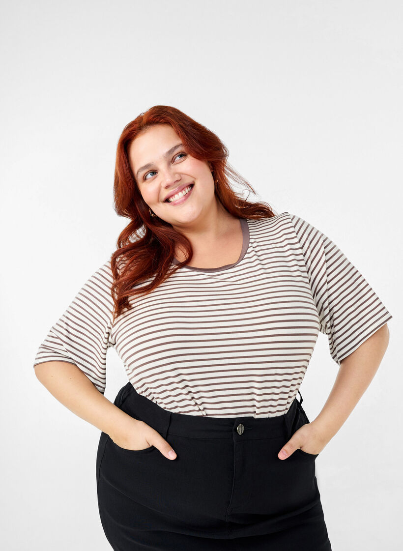 T-shirt w paski z lyocellu z okraglym dekoltem, Brązowy, Image image number 0