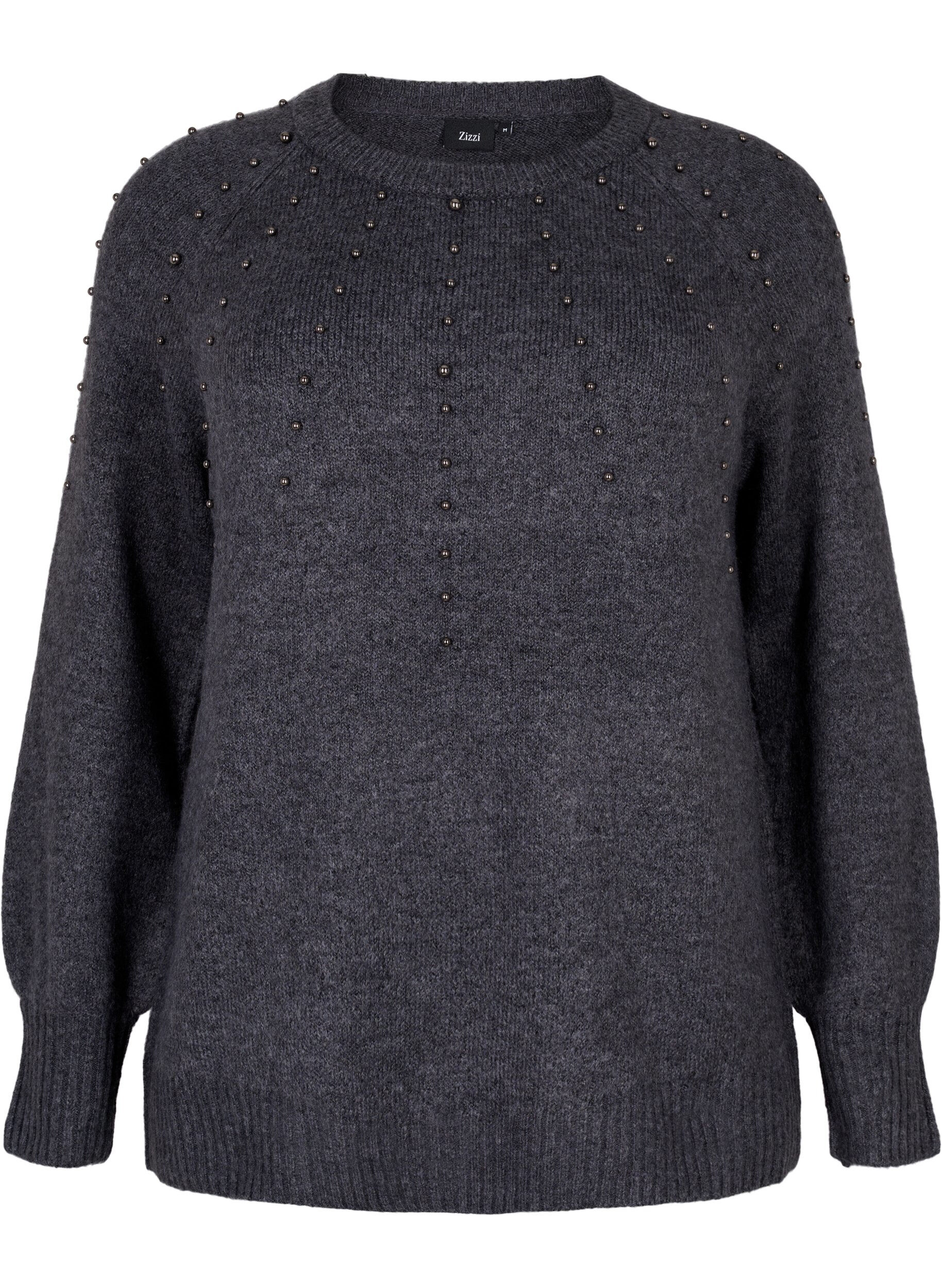 Zizzi Dzianinowy sweter z koralikami, Dark Grey Melange, Packshot image number 0