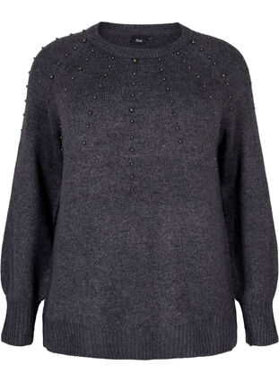 Dzianinowy sweter z koralikami, Dark Grey Melange, Packshot image number 0