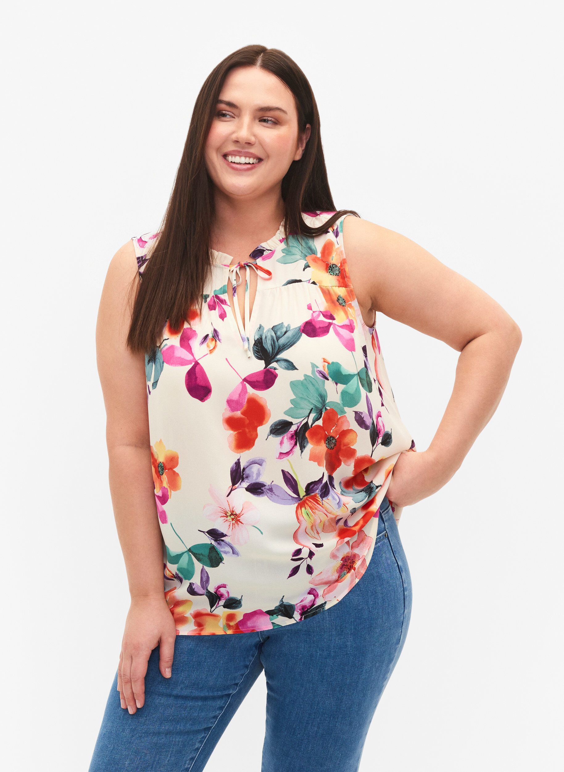 Zizzi Top w kwiaty z wiazaniem, Buttercream Flower, Model image number 0