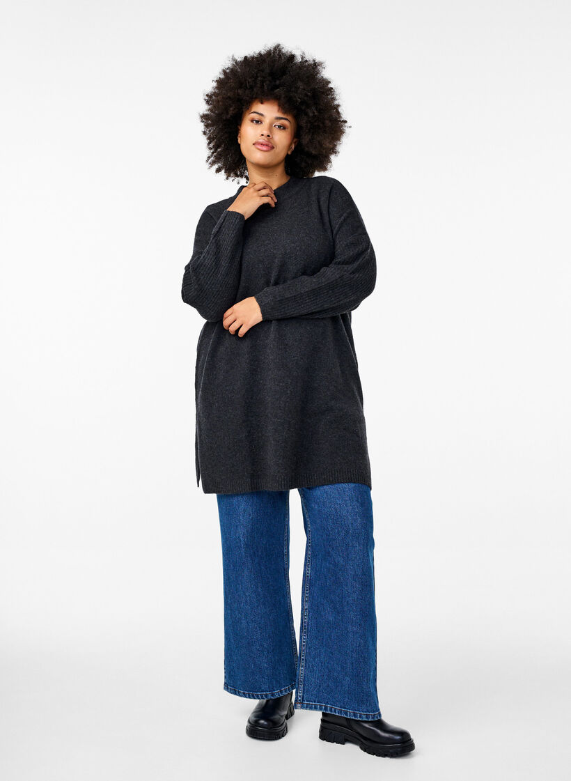 Dluga dzianinowa bluzka z dlugimi rekawami, Dark Grey Melange, Model image number 2
