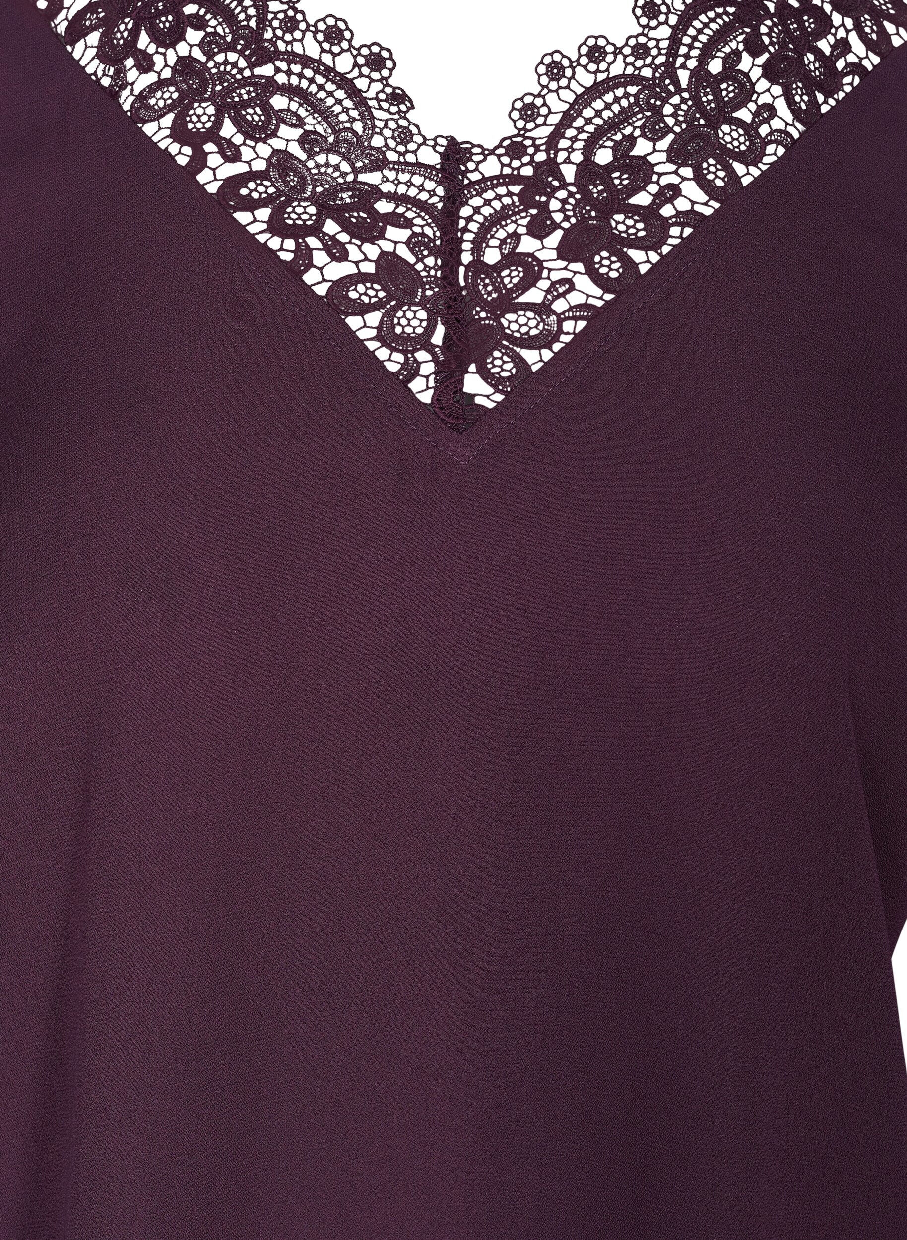 Zizzi Solid-coloured 3/4 sleeve blouse with lace, Plum Perfect, Packshot image number 2